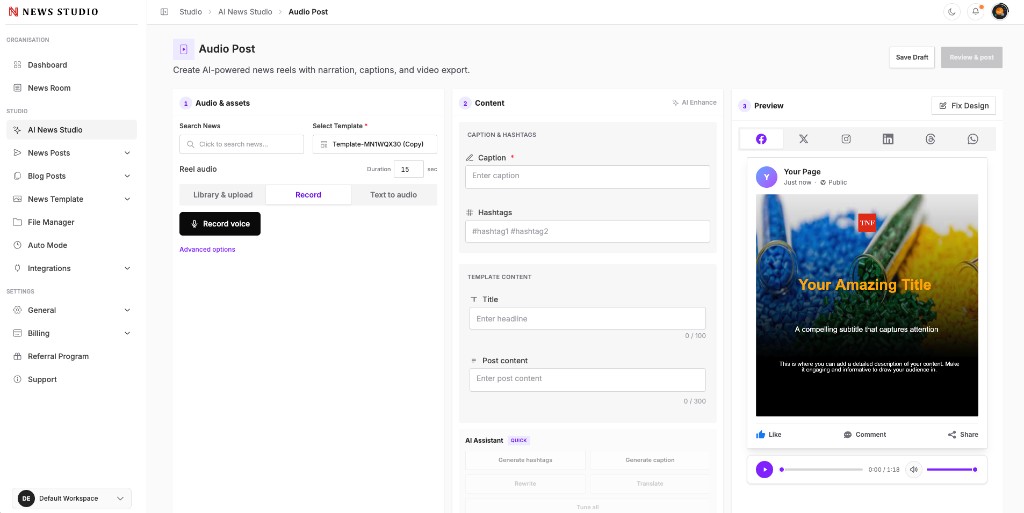Audio post editor with recording and preview