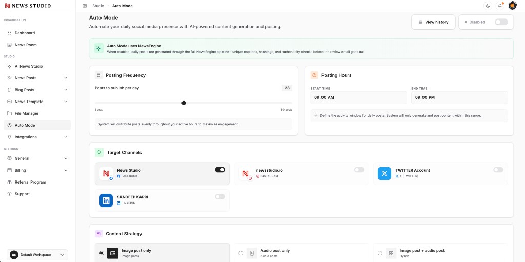 News Studio Auto Mode dashboard showing posting frequency, hours, target channels, and content strategy