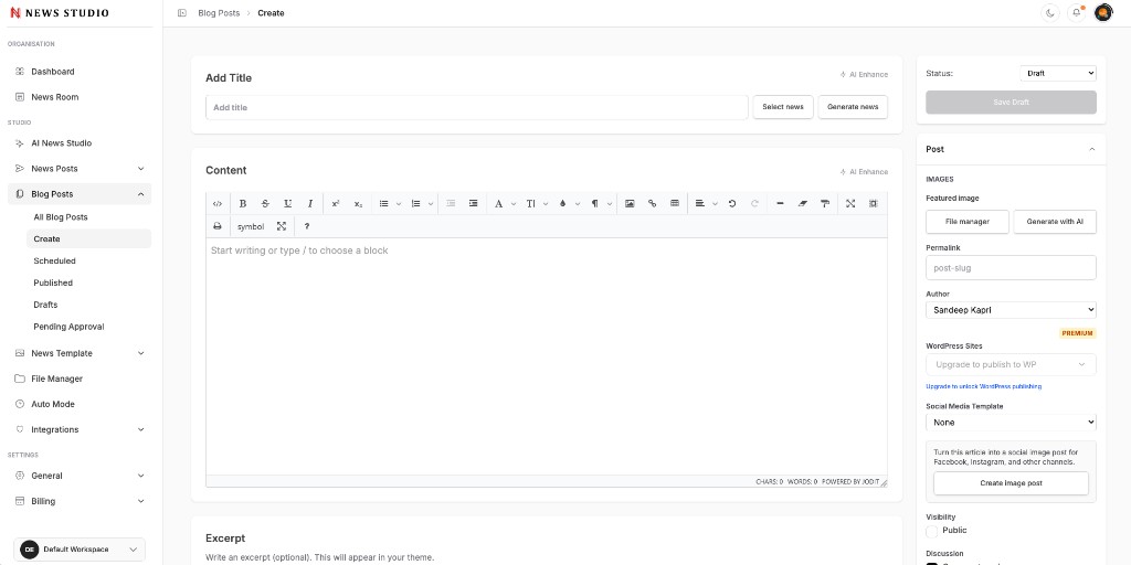 Blog post editor with AI enhance and rich text
