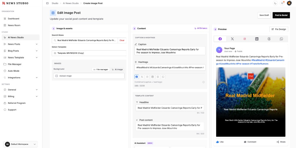 News Studio image post editor with template preview