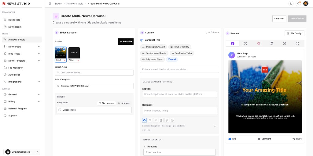 Multi-news carousel editor with slide management