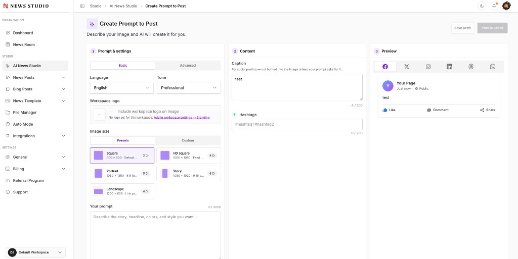 Prompt to Post editor with size presets and preview