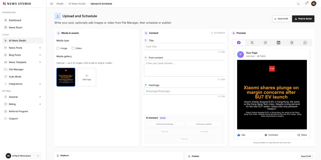 Upload and schedule editor with media gallery
