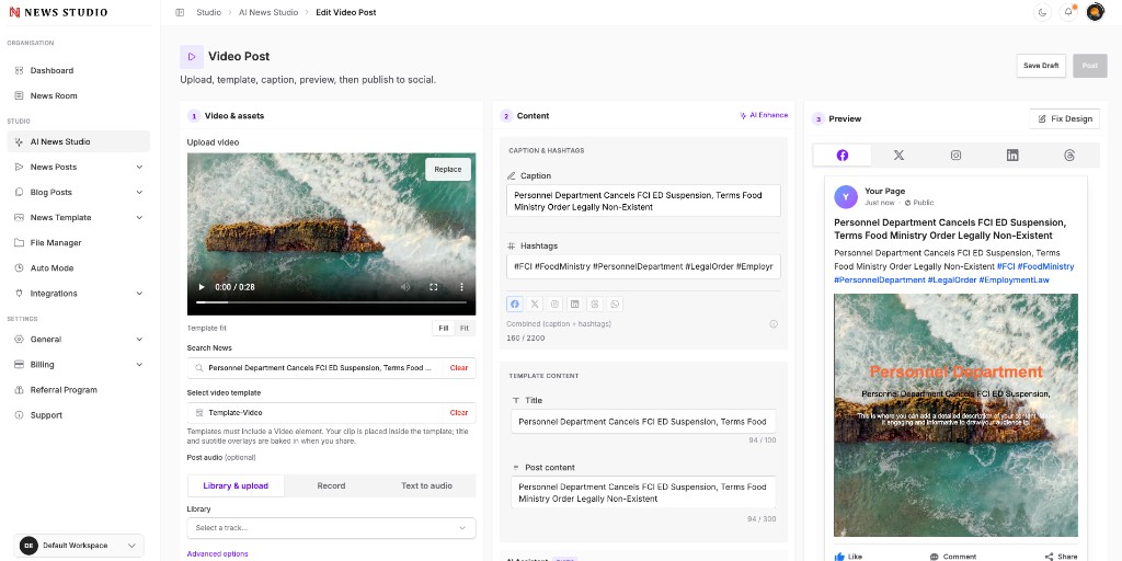 Video post editor with template and platform preview